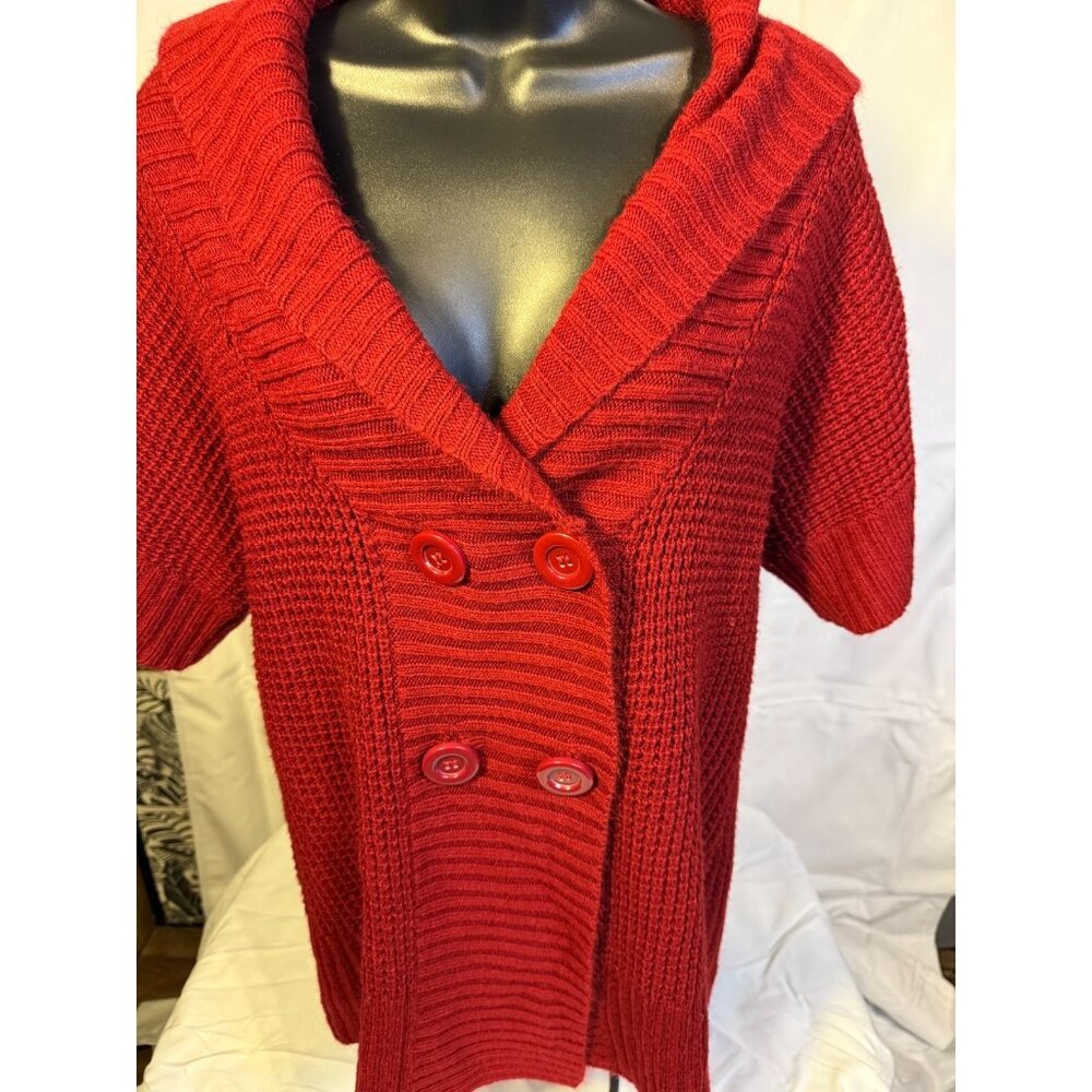 Red Chunky Knit Sweater Cardigan Women’s XL Short Sleeve Cozy Jason Maxwell